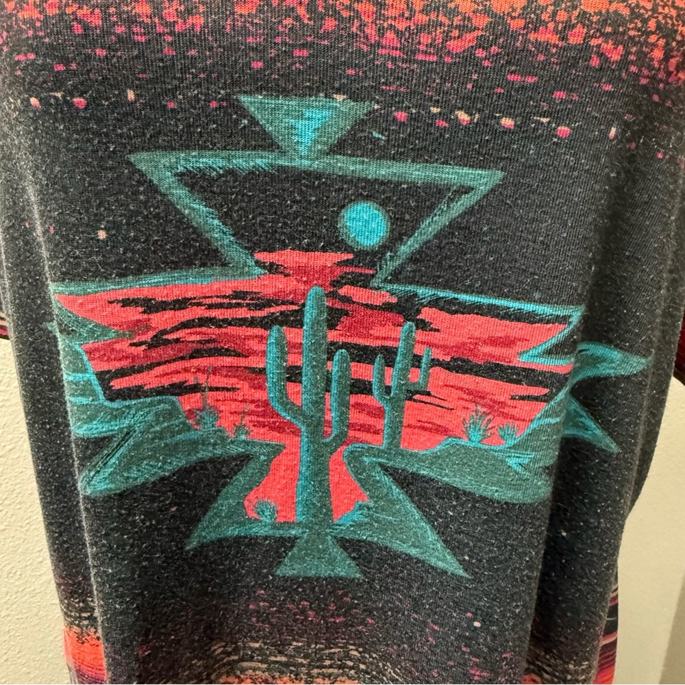 Crazy Train Black Orange Aztec Cactus Graphic V Neck Tee Large - Picture 3 of 8